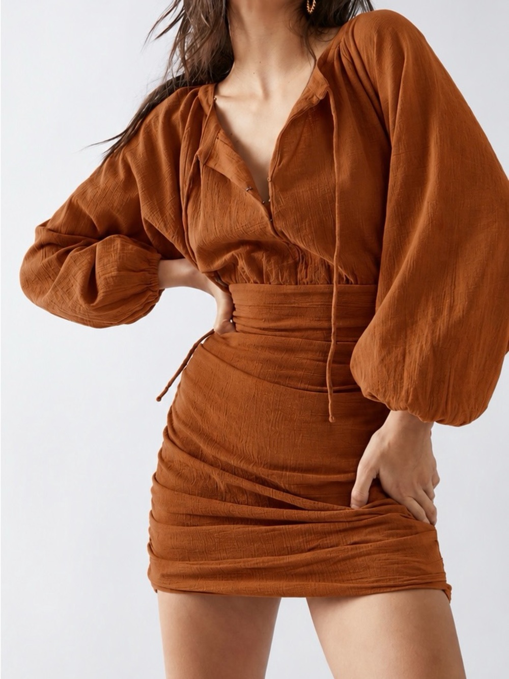 Free People The Only One Mini Dress M Rust Orange Ruched Open Back Boho